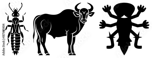 Three Black Silhouetted Animal & Mythical Creature