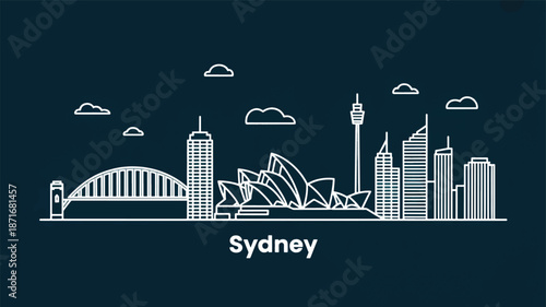 A minimalist line art illustration of Sydney, Australia's skyline against a dark teal background