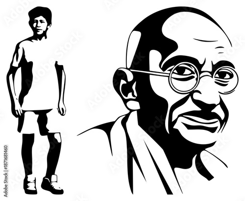 Mahatma Gandhi and Young Boy in Bold Black and White Silhouettes