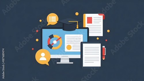 Digital workspace with computer and documents.