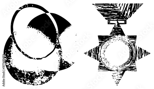 Vintage Military Medal and Broken Helmet Silhouette in Stylized Vector Art