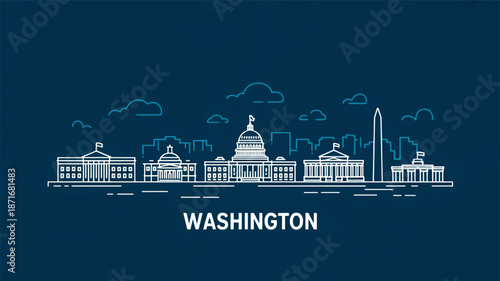 A minimalist line art illustration of Washington D.C.'s skyline against a dark teal background