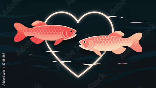 Illustration Of Two Arowana Fish Swimming Parallel, Heart Pattern, Elegant Dark Water Background Vector Design Template