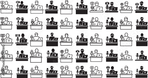 set of black white line icons of people sitting at desk with laptop computer microphone and camera in various positions and arrangements