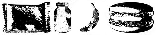 Halftone Vector Illustration of Snack Items Bag, Jar, Banana, Macaron