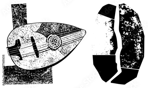 Vintage Mandolin with Halftone Texture and Abstract Coffee Bean Silhouette