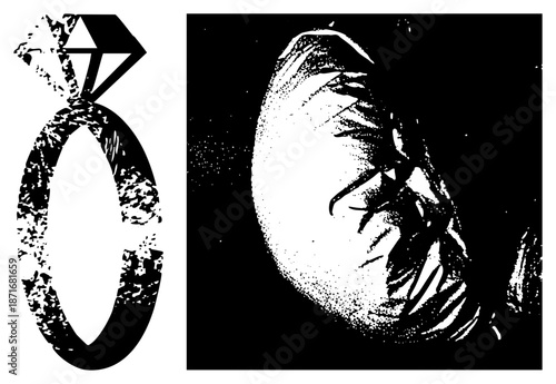 Vintage Halftone Engagement Ring with Diamond and Textured Band