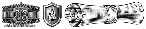 Ornate and Shield Emblems with Flame Motif