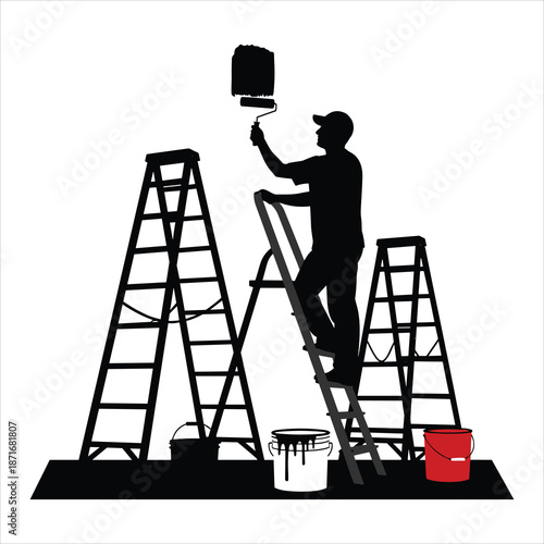 A man painting a picture of a man on a ladder silhouette