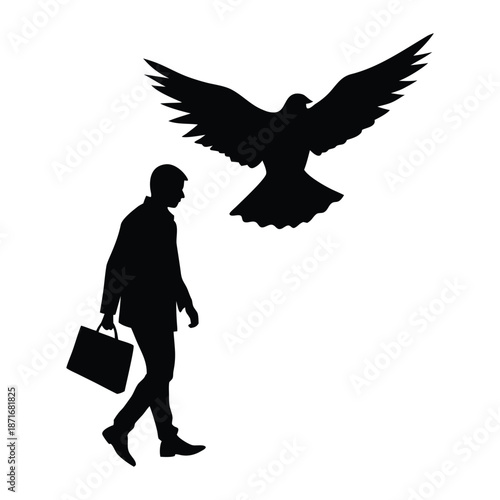 Walking Silhouette with Bird Shadow Vector