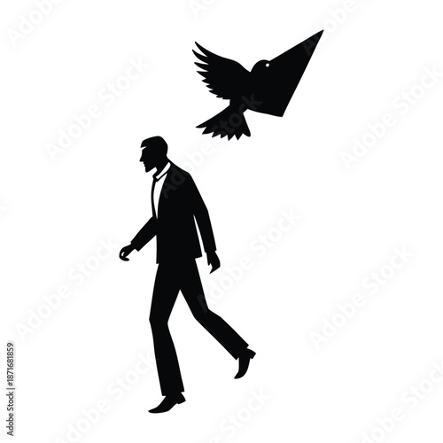 Walking Silhouette with Bird Shadow Vector