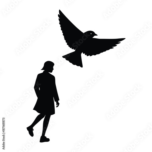Walking Silhouette with Bird Shadow Vector