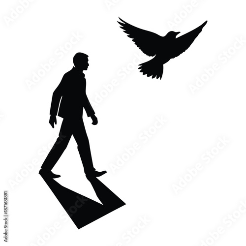 Walking Silhouette with Bird Shadow Vector