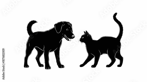 Black silhouette of a dog and a cat facing each other.