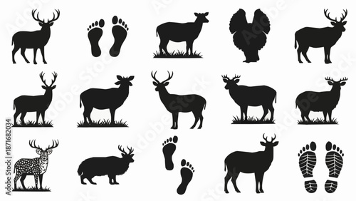Collection of Deer and Footprint Silhouettes.