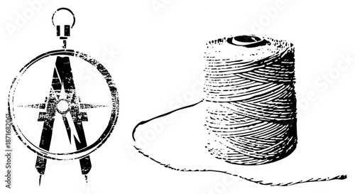 Vintage Compass and Thread Spool Design Elements