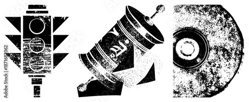 Three Symbols Rendered in Grunge Halftone Style