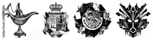 Ornate Magic Lamp, Coat of Arms, Aztec Eagle, Tribal Mask Vector Set