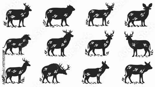 Collection of Deer and Sheep Silhouettes with Floral Patterns.