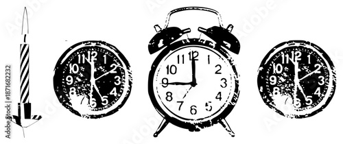 Vintage Alarm Clocks and Birthday Candle in Grunge Vector Style