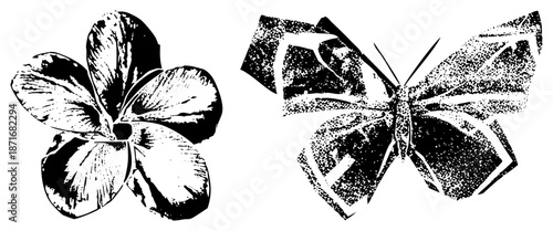 Stylized Flower and Butterfly in Halftone Vector Art