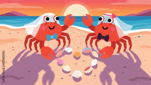Illustration Of Two Crabs Wearing Bow Ties And Headscarves, Arranging Shells To Form A Heart On The Beach Sand Vector Design Template