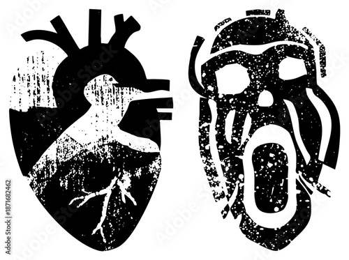Stylized Heart with Bird and Screaming Skull Silhouettes