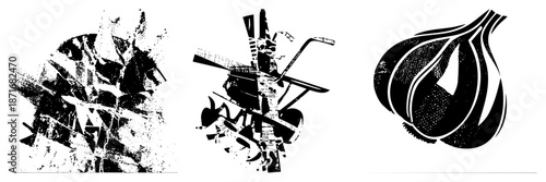 Abstract Black and White Graphic Illustrations with Textured Halftone Effects