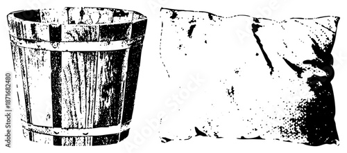 Vintage Wooden Bucket and Weathered Pillow in Halftone Vector Style