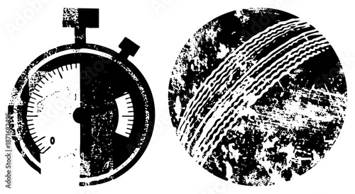 Vintage Stopwatch and Abstract Wave Graphic in Grunge Style