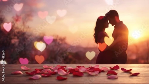 This tender and romantic scene captures the essence of love and intimate connection, ideal for conveying heartfelt emotions. In the foreground, delicate red and pink rose petals are gracefully scatter