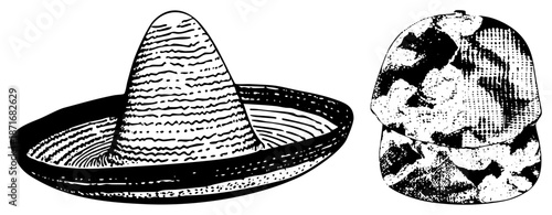 Traditional Mexican Sombrero and Camouflage Baseball Cap Side by Side