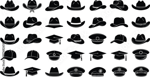 Hat silhouette vector illustration collection, cowboy fedora police cap graduation mortarboard icons set, black headwear symbols isolated on white background