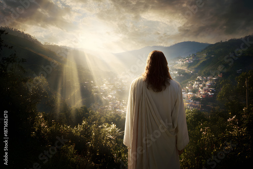 Figure stands on a hill looking over a valley with light shining down, showing a town below