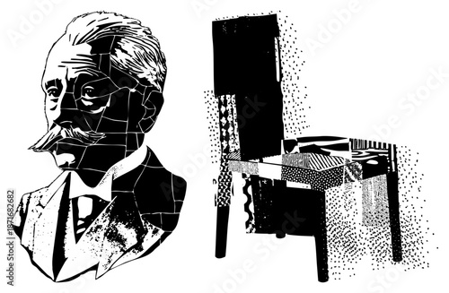 Vintage Portrait Bust and Chair with Geometric Halftone