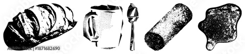 Halftone Vector Illustration of Bread, Mug, Spoon, Cake, and Butter