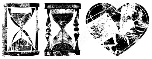 Broken Hourglass and Shattered Heart in Grunge Vector Style