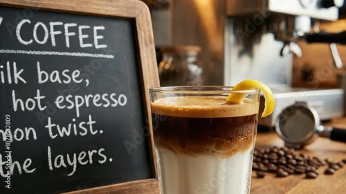 This vibrant close-up shot features a beautifully crafted layered coffee beverage, elegantly presented in a clear glass and garnished with a fresh lemon twist. The drink showcases distinct layers of r