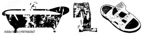 Vintage Bathtub, Distressed Jeans, and Worn Sandal in Halftone Vector Style