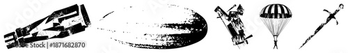 Vintage Military Bomb, Zeppelin, Parachute Drop, and Sword Vector