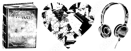 Vintage Book, Shattered Heart, and Headphones in Halftone Vector Set