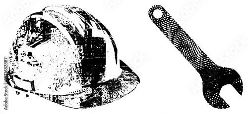 Safety Helmet and Adjustable Wrench in Halftone Vector Design