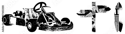 Stylized Go Kart with Halftone Texture and Abstract Arrow Shapes