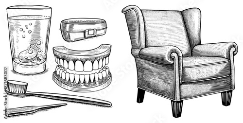 Dental Care Tools and Wingback Armchair in Vintage Art