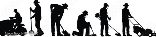 Landscaping and gardening service vector silhouette set featuring workers with lawn mower, shovel, trimmer, tractor, pitchfork, and planting tools on white background,