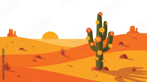 A lone cactus stands tall in the desert landscape at sunset with vibrant orange flowers blooming.