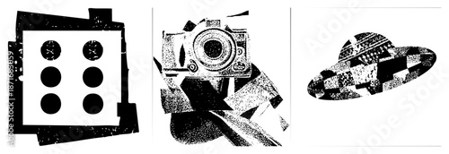 Vintage Film Camera with Halftone Texture and Abstract Background