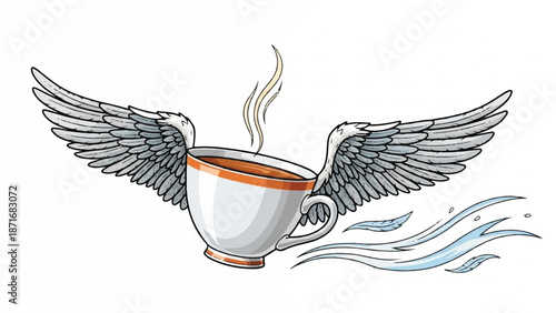 A steaming cup of coffee with wings soaring through the air