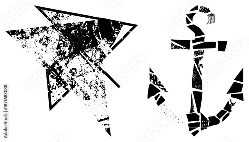 Grunge Textured Star and Anchor Vector with Distressed Fragments