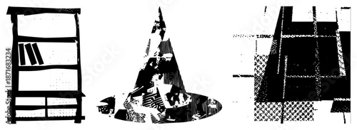 Three Abstract Black and White Graphic with Halftone Textures